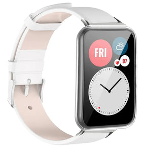 Leather Strap, white, on a watch, 3/4 front view
