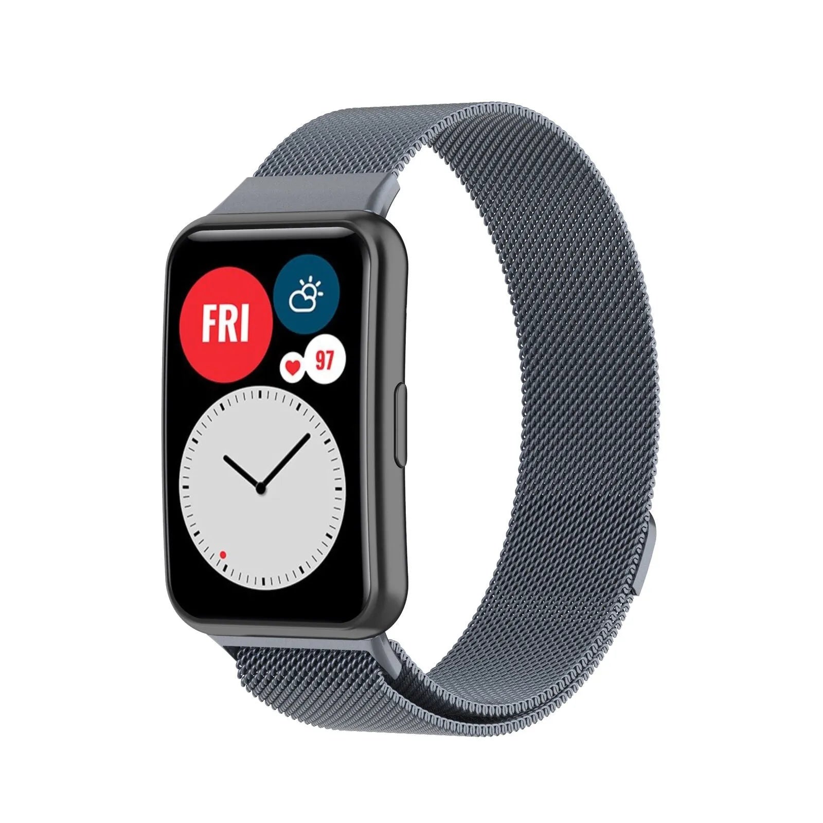 Milanese Strap, grey, on a watch, 3/4 front view