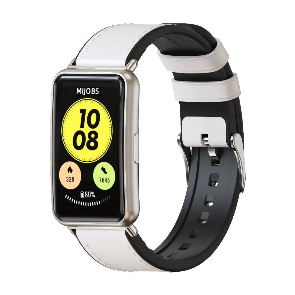Leather Hybrid Strap, white, on a watch, 3/4 front view