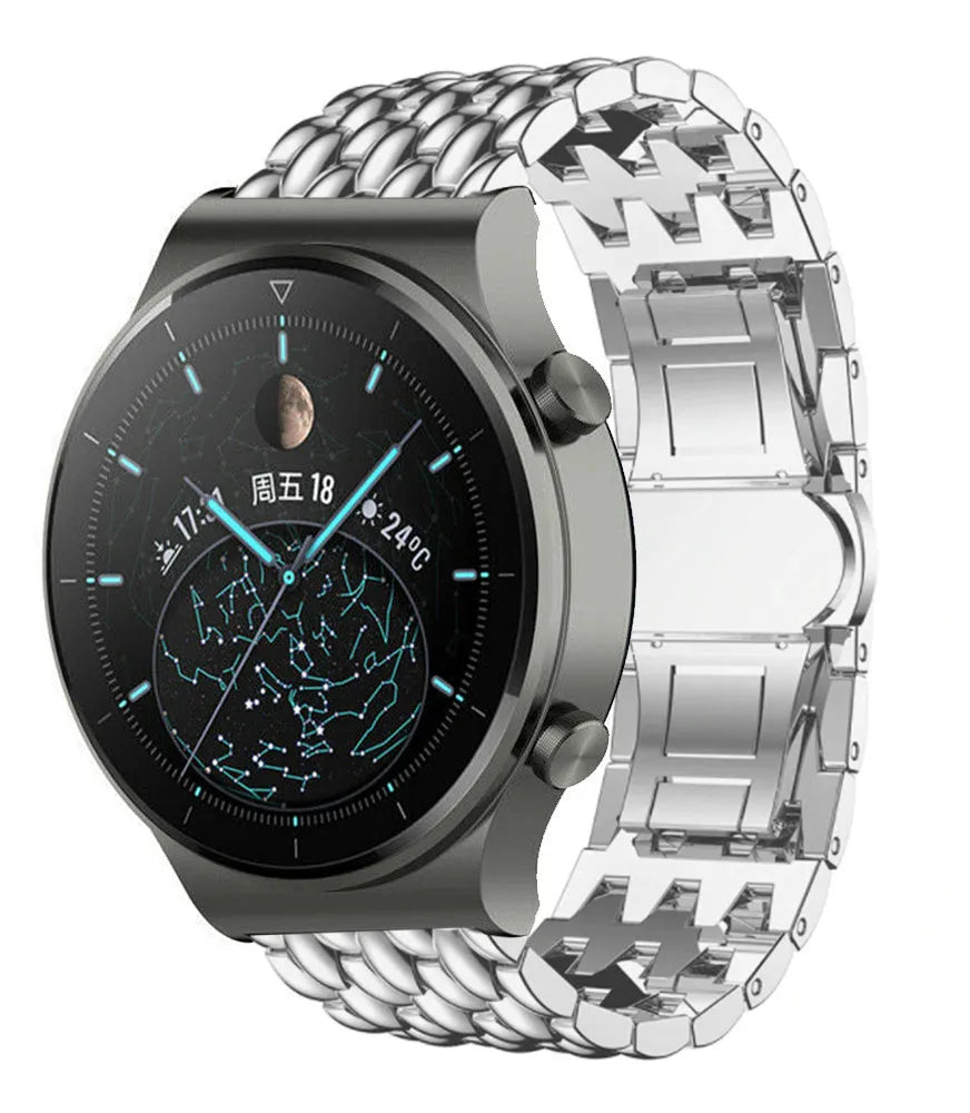 Steel Dragon Strap, silver, on a watch, 3/4 front view