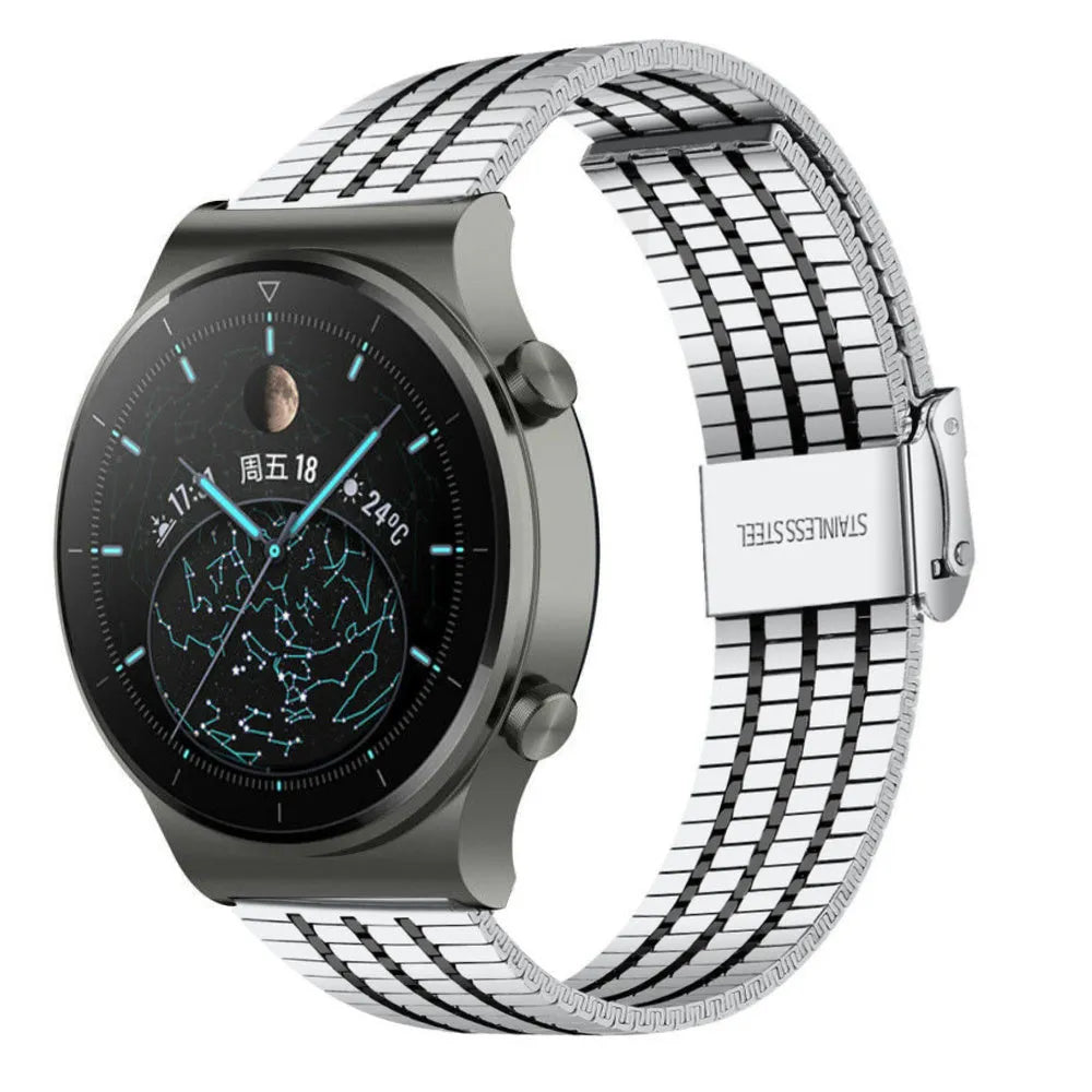 Fine Steel Strap, silver/black, on a watch, 3/4 front view