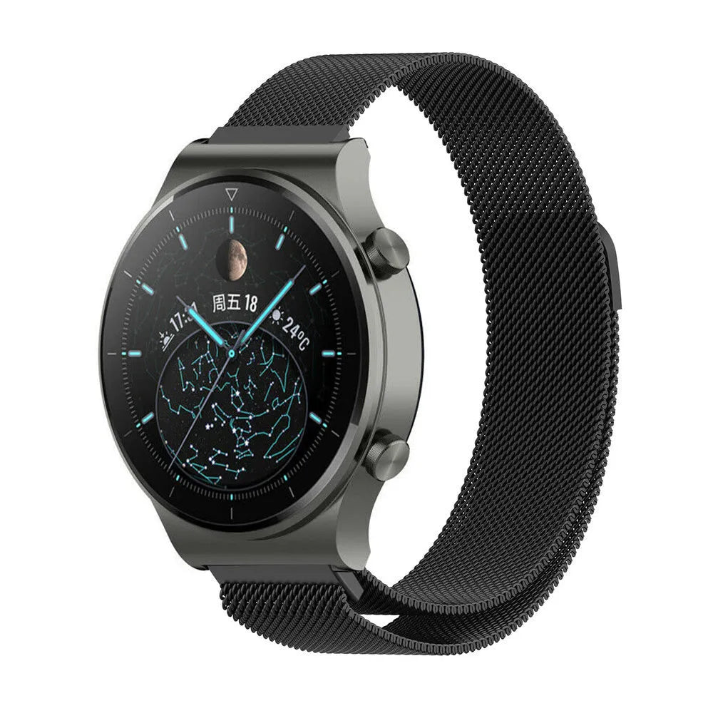 Milanese Strap, black, on a watch, 3/4 front view