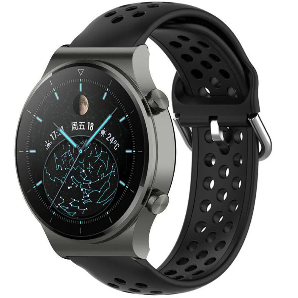 Breathable Silicone Strap, black, on a watch, 3/4 front view