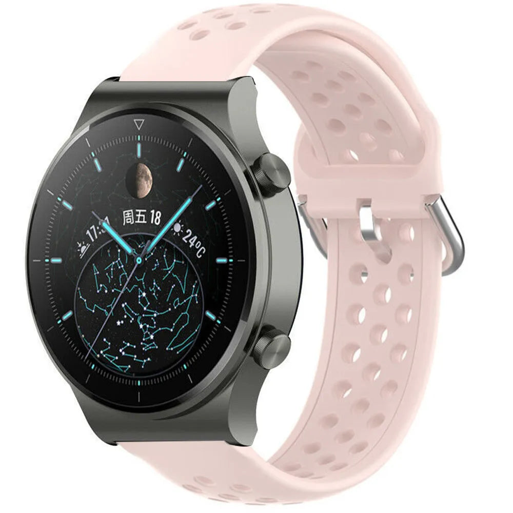 Breathable Silicone Strap, pink, on a watch, 3/4 front view