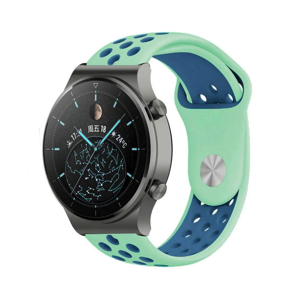 Silicone Sport Strap, aqua/blue, on a watch, 3/4 front view
