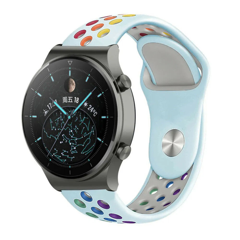 Silicone Sport Strap, light blue/colourful, on a watch, 3/4 front view