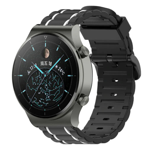 Silicone Sport Strap with Buckle, black/white, on a watch, 3/4 front view