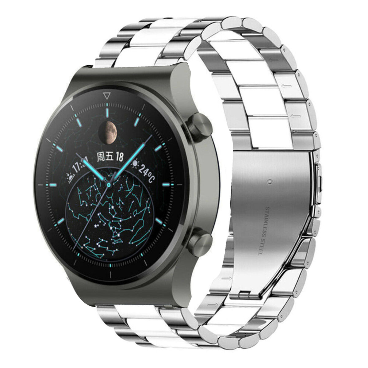 Steel Strap, silver/white, on a watch, 3/4 front view