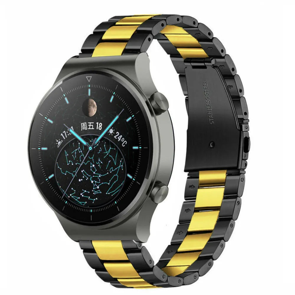 Steel Strap, black/gold, on a watch, 3/4 front view
