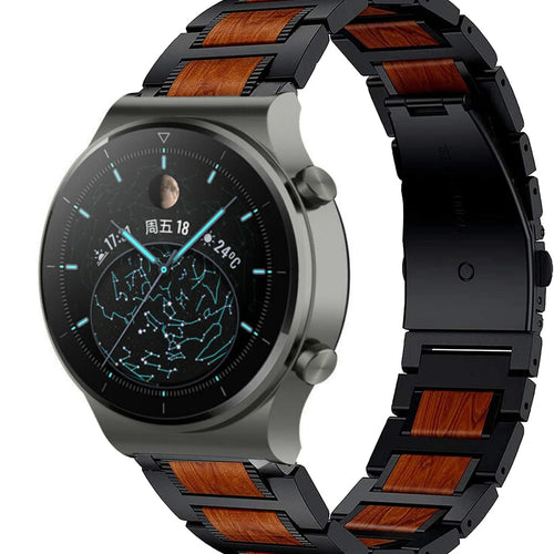 Wood Steel Strap, black, on a watch, 3/4 front view