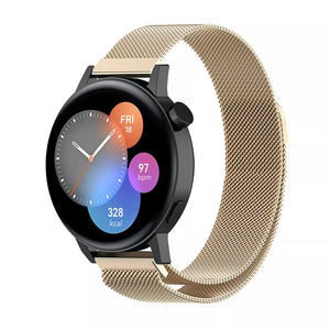 Milanese Strap, champagne, on a watch, 3/4 front view