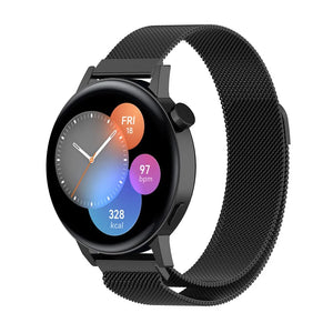 Milanese Strap, black, on a watch, 3/4 front view