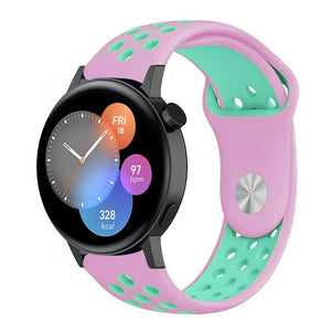 Silicone Sport Strap, pink/aqua, on a watch, 3/4 front view