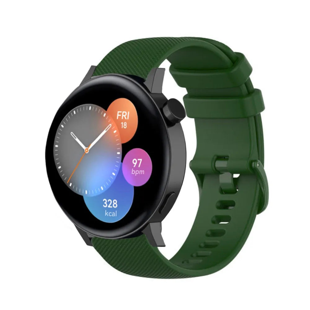 Premium Silicone Strap, army green, on a watch, 3/4 front view