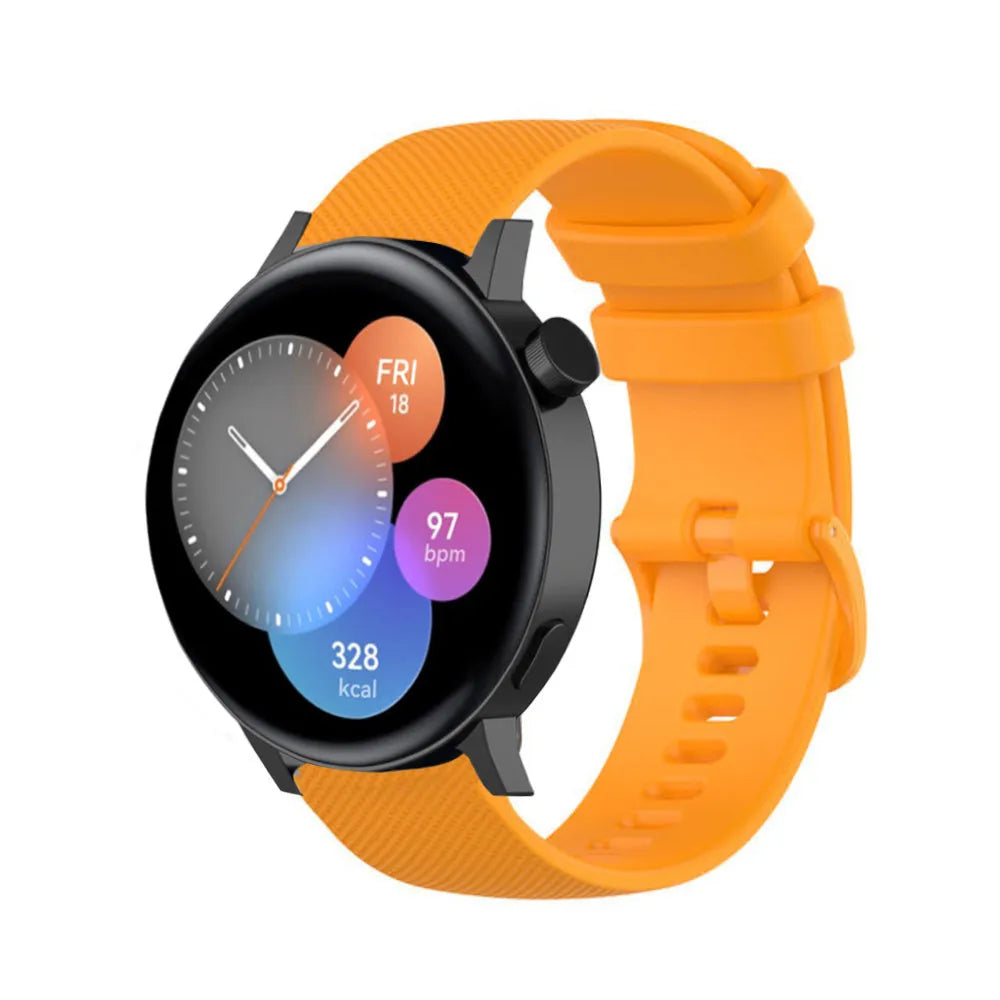 Premium Silicone Strap, orange, on a watch, 3/4 front view