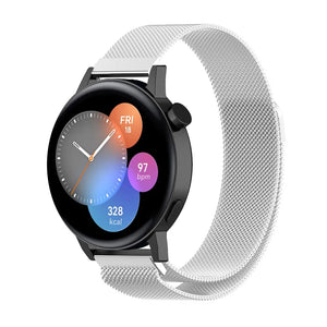 Milanese Strap, silver, on a watch, 3/4 front view
