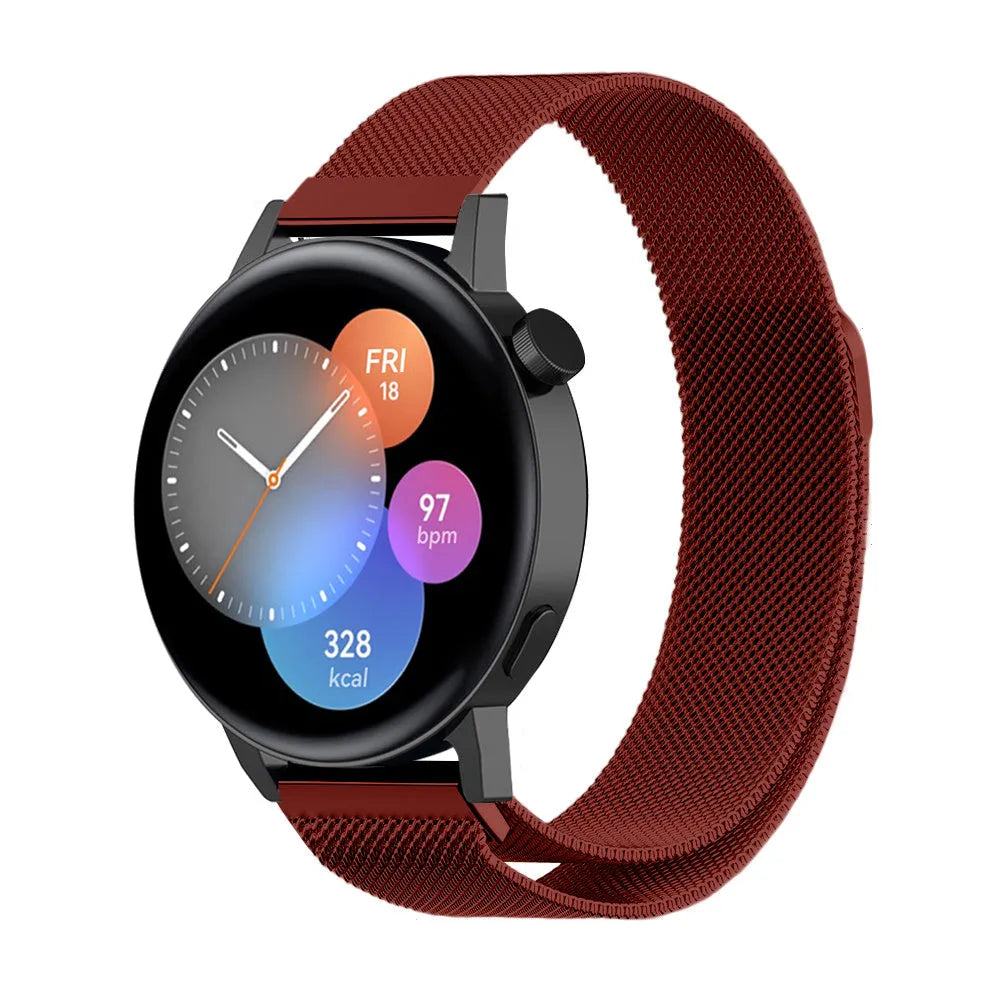 Milanese Strap, red, on a watch, 3/4 front view