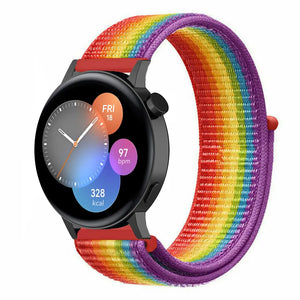 Nylon Strap, rainbow, on a watch, 3/4 front view