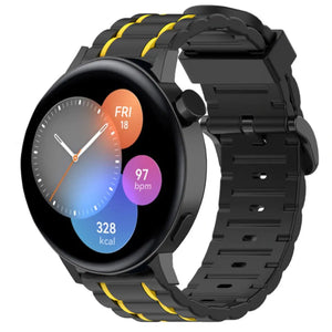Silicone Strap 'Tough', black/yellow, on a watch, 3/4 front view