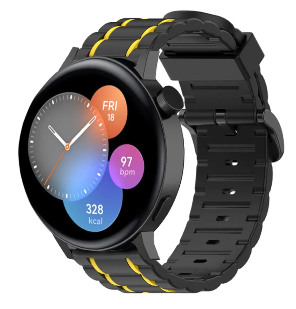 Silicone Strap 'Tough', black/yellow, on a watch, 3/4 front view