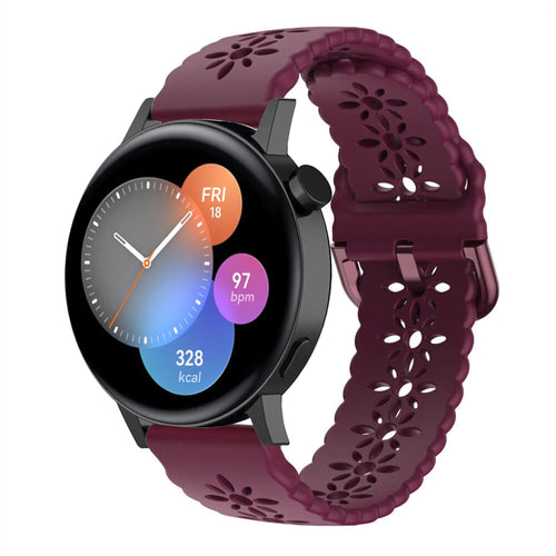 Patterned Silicone Strap, burgundy, on a watch, 3/4 front view