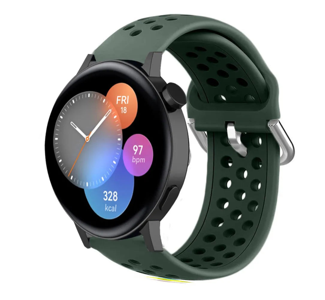 Breathable Silicone Strap, army green, on a watch, 3/4 front view