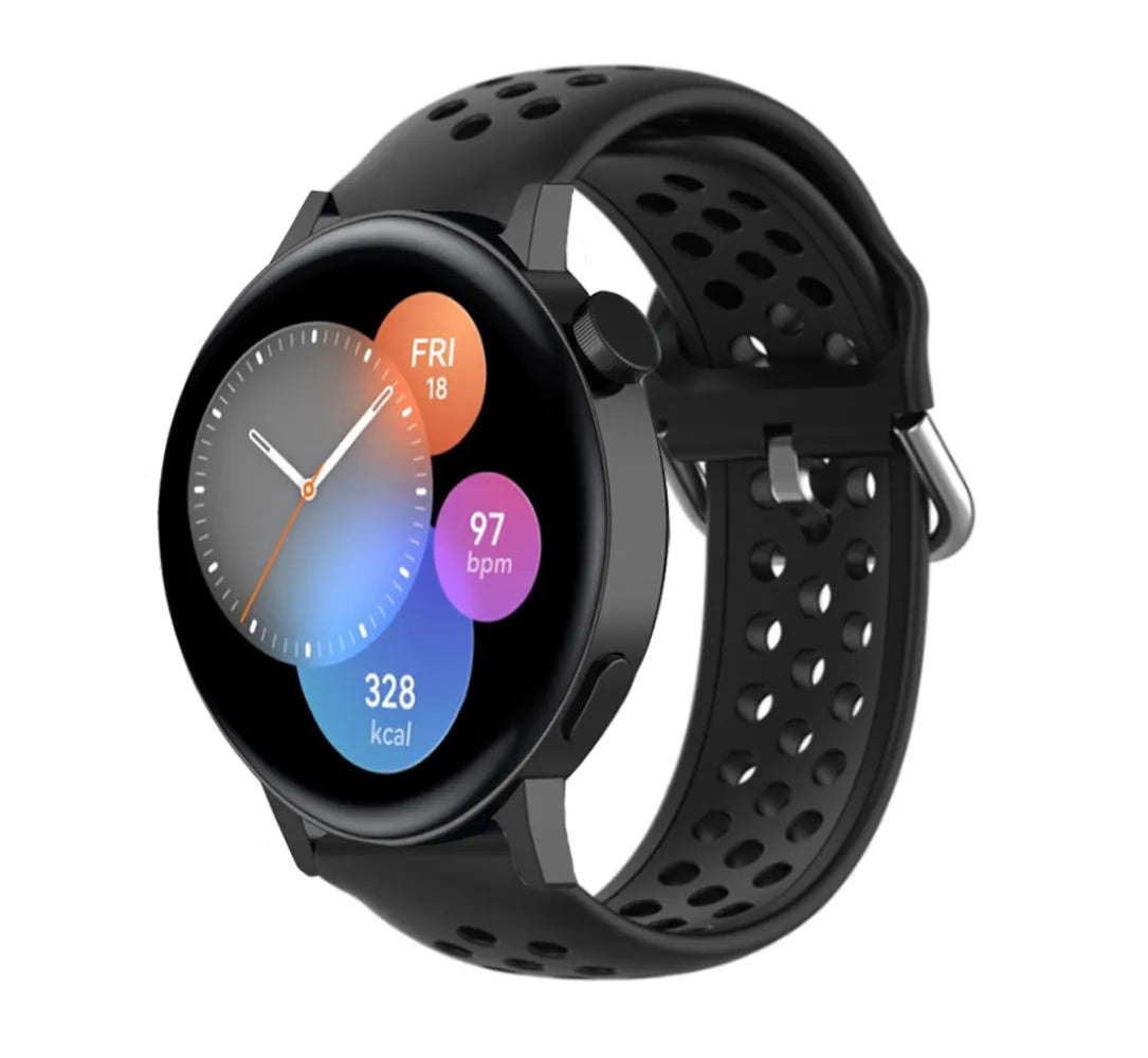 Breathable Silicone Strap, black, on a watch, 3/4 front view