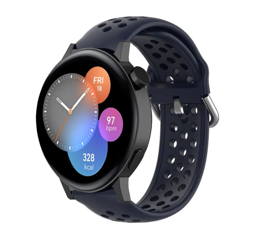 Breathable Silicone Strap, dark blue, on a watch, 3/4 front view