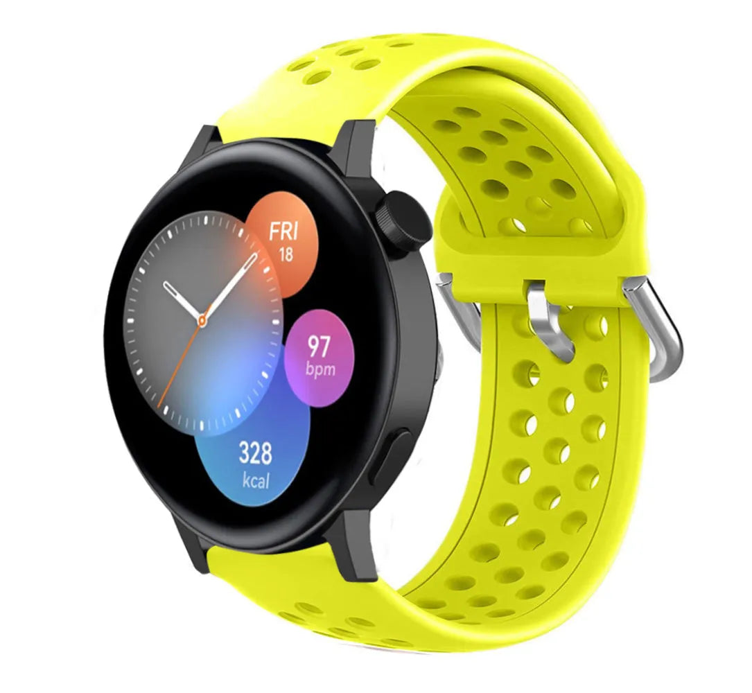 Breathable Silicone Strap, yellow, on a watch, 3/4 front view