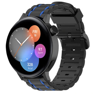 Silicone Strap 'Tough', black/blue, on a watch, 3/4 front view