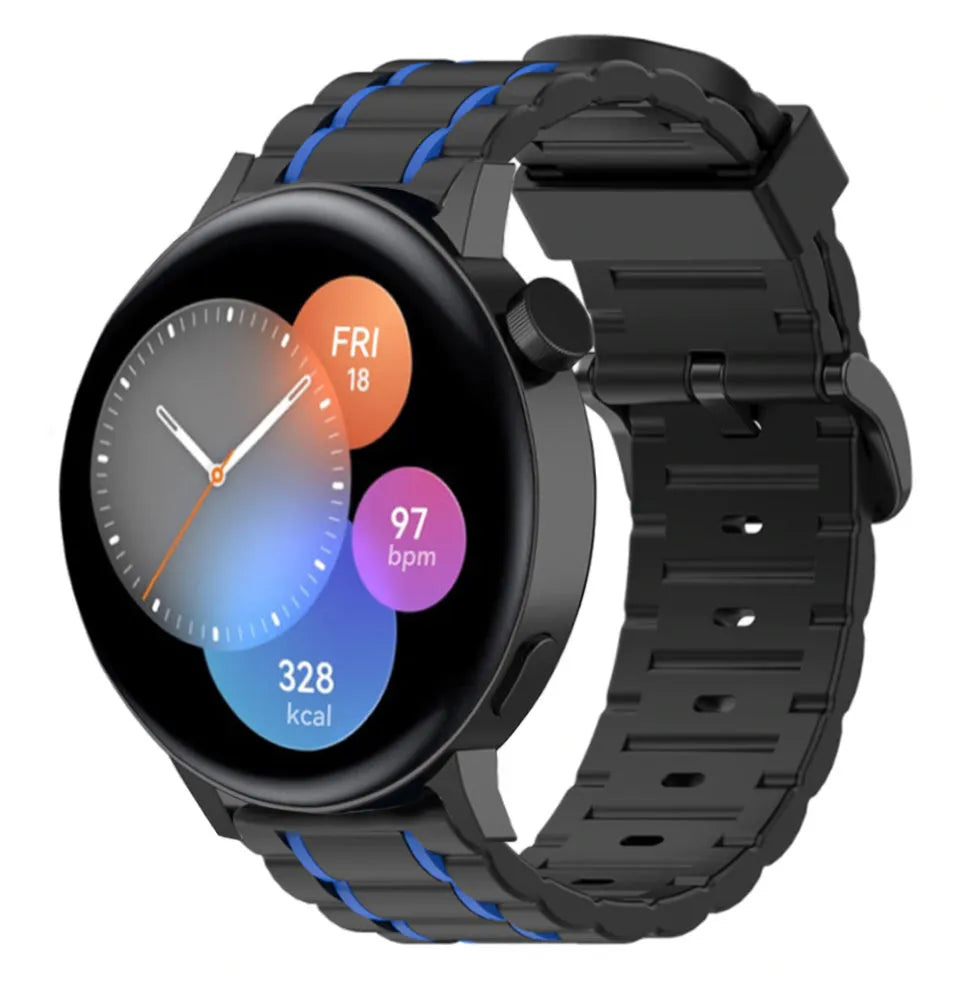 Silicone Strap 'Tough', black/blue, on a watch, 3/4 front view