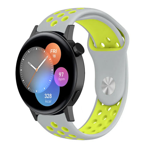Silicone Sport Strap, grey/yellow, on a watch, 3/4 front view