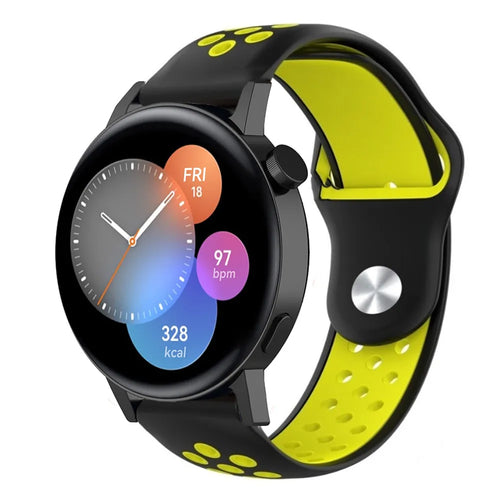 Silicone Sport Strap, black/yellow, on a watch, 3/4 front view