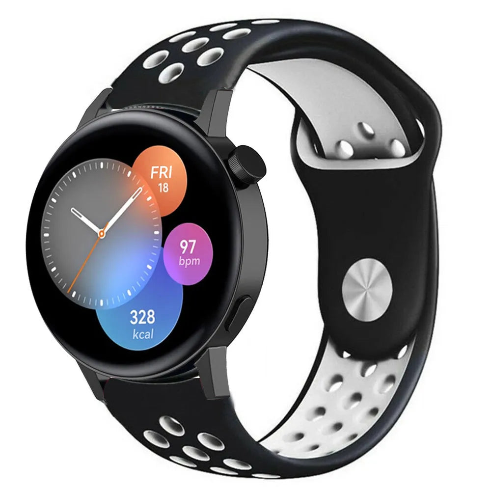 Silicone Sport Strap, black/white, on a watch, 3/4 front view