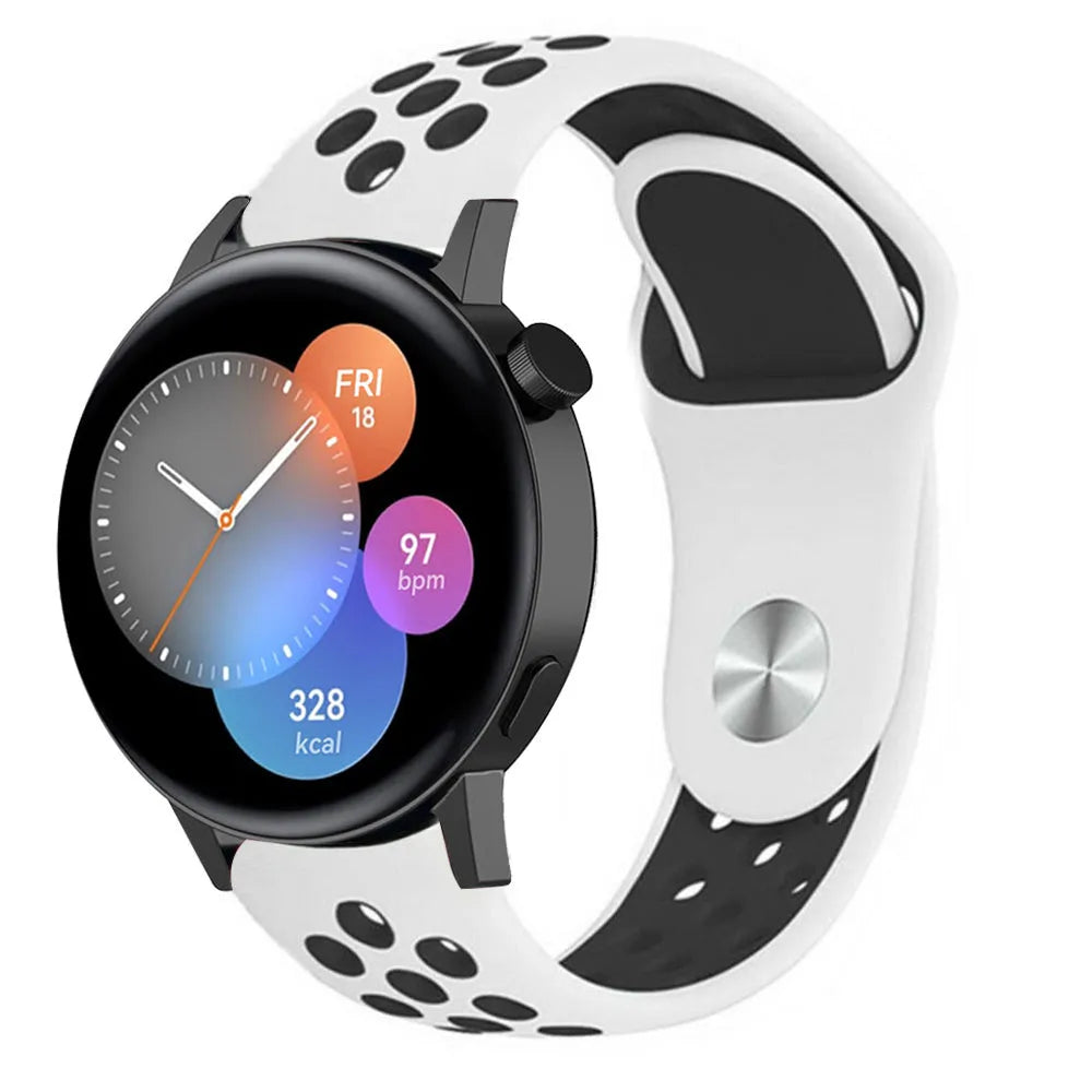 Silicone Sport Strap, white/black, on a watch, 3/4 front view