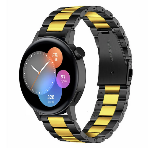Steel Strap, black/gold, on a watch, 3/4 front view