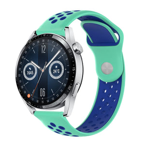 Silicone Sport Strap, aqua/blue, on a watch, 3/4 front view