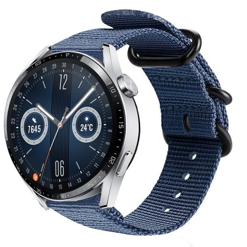 Nylon Buckle Strap, blue, on a watch, 3/4 front view