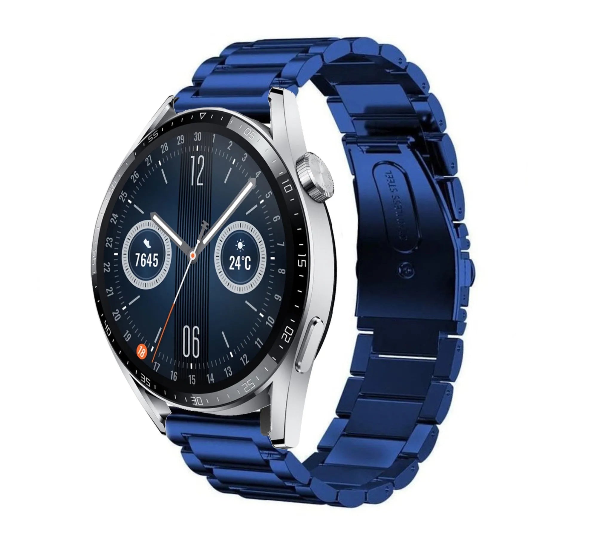 Steel Strap, blue, on a watch, 3/4 front view