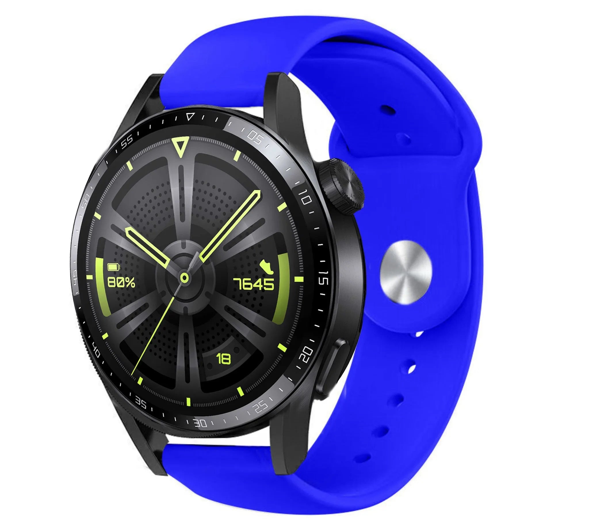 Silicone Sport Strap, blue, on a watch, 3/4 front view