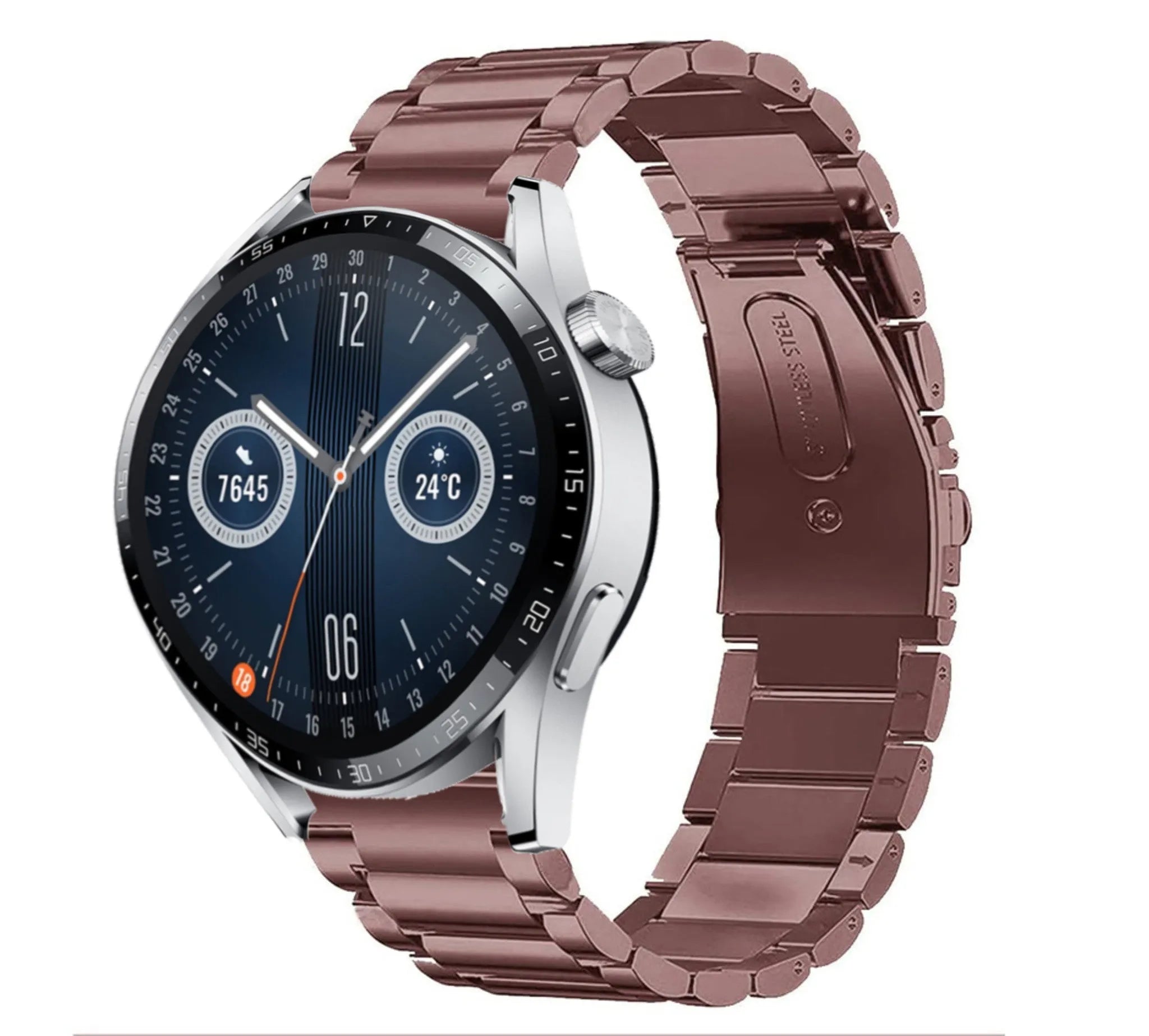 Steel Strap, bronze, on a watch, 3/4 front view