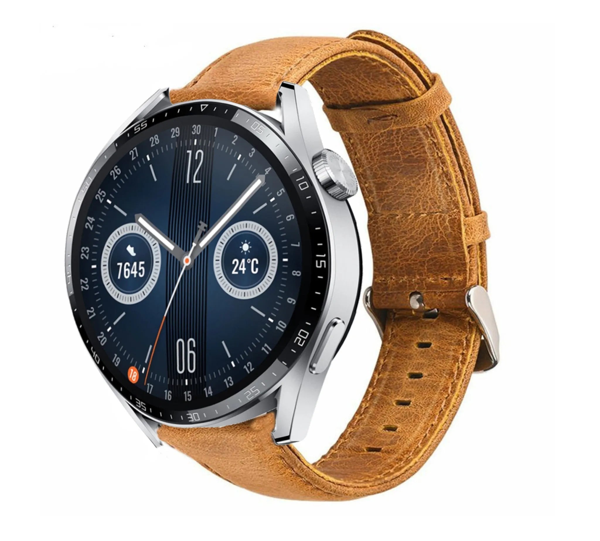 Leather Strap, brown, on a watch, 3/4 front view