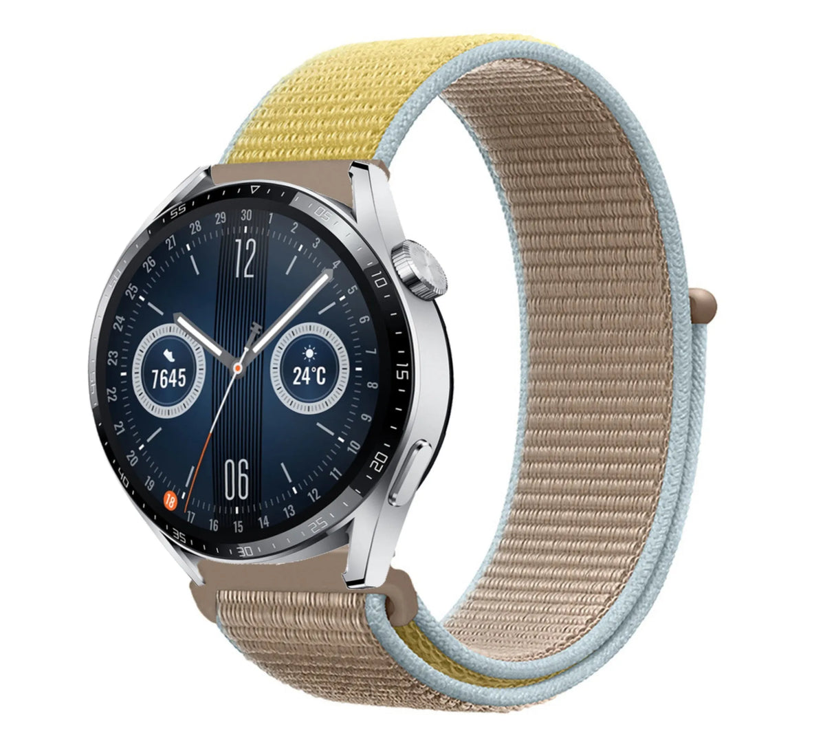 Nylon Strap, camel, on a watch, 3/4 front view