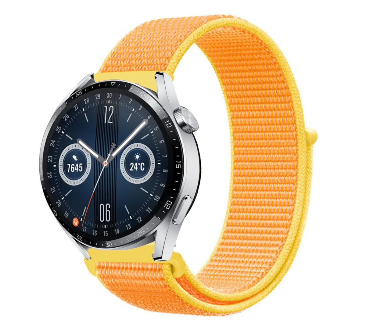 Nylon Strap, light yellow, on a watch, 3/4 front view
