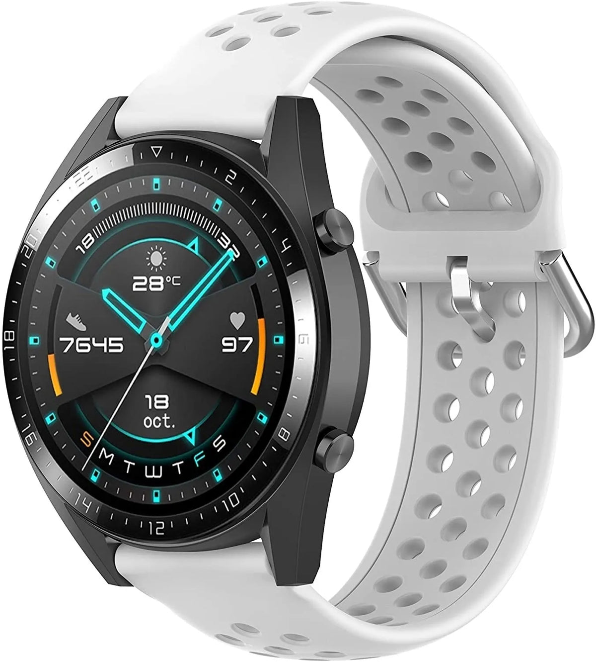 Breathable Silicone Strap, white, on a watch, 3/4 front view