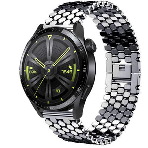 Steel Strap Hexagons, black, on a watch, 3/4 front view