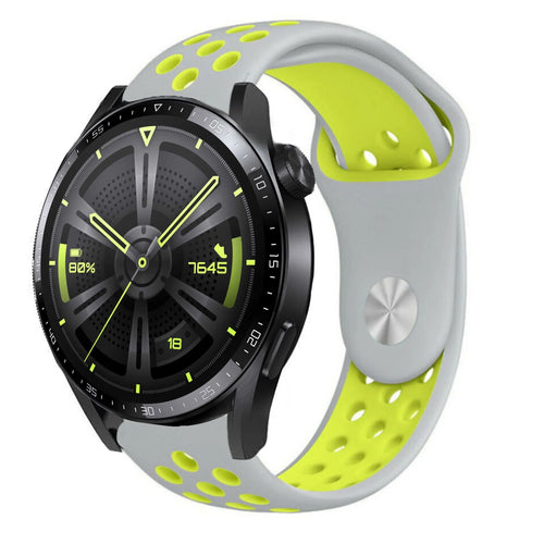 Silicone Sport Strap, grey/yellow, on a watch, 3/4 front view