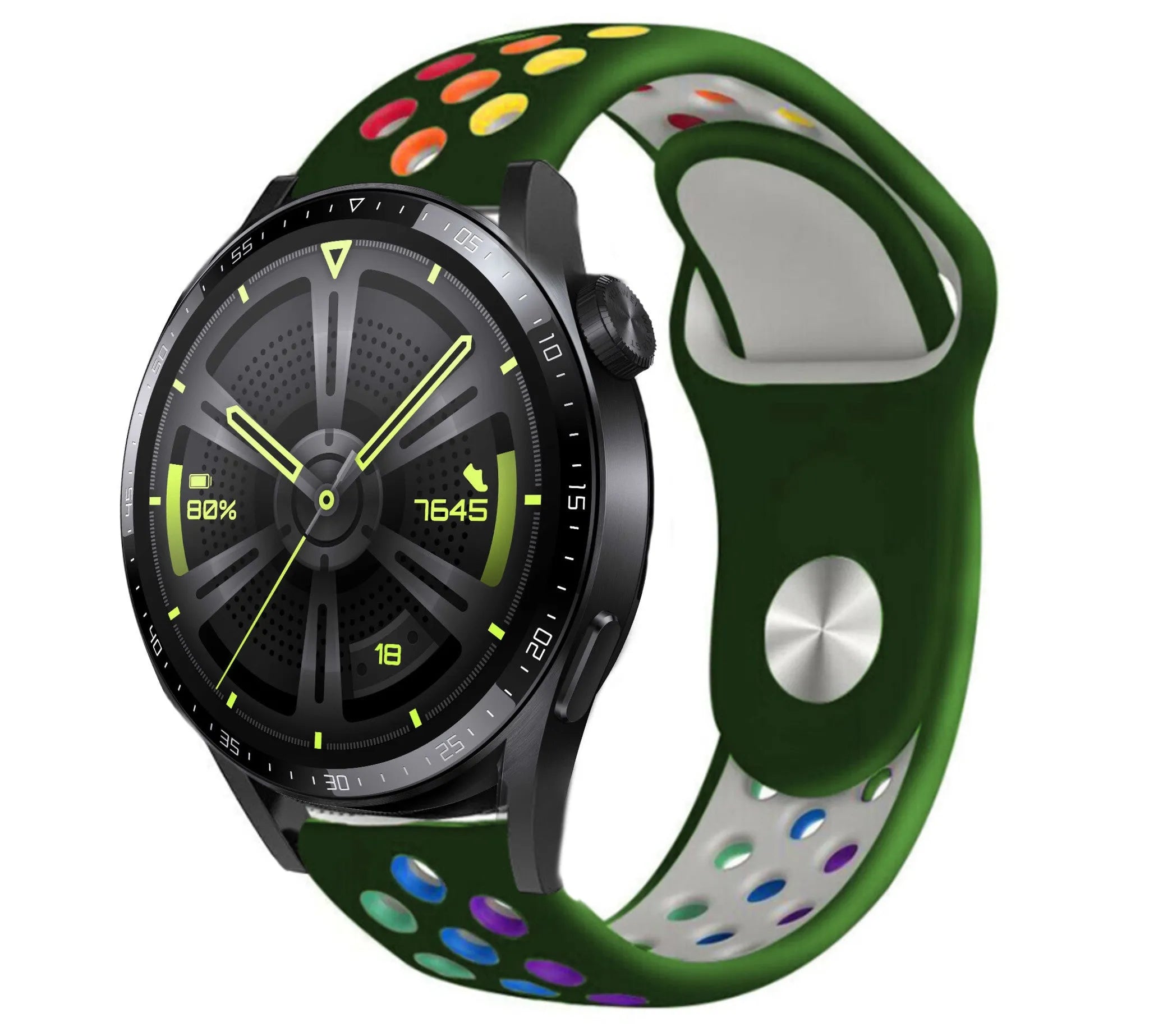 Silicone Sport Strap, army green/colourful, on a watch, 3/4 front view