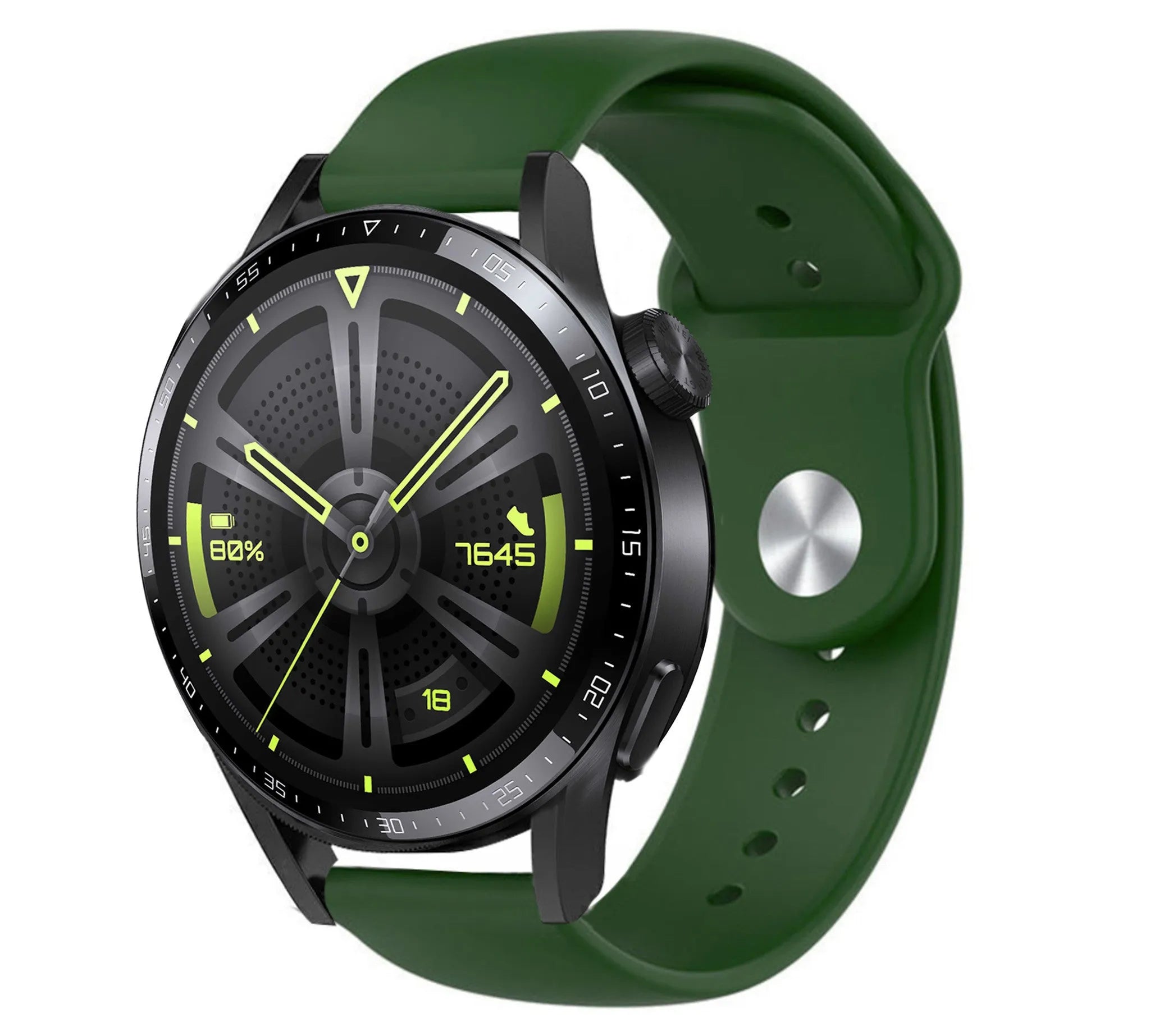 Silicone Sport Strap, army green, on a watch, 3/4 front view