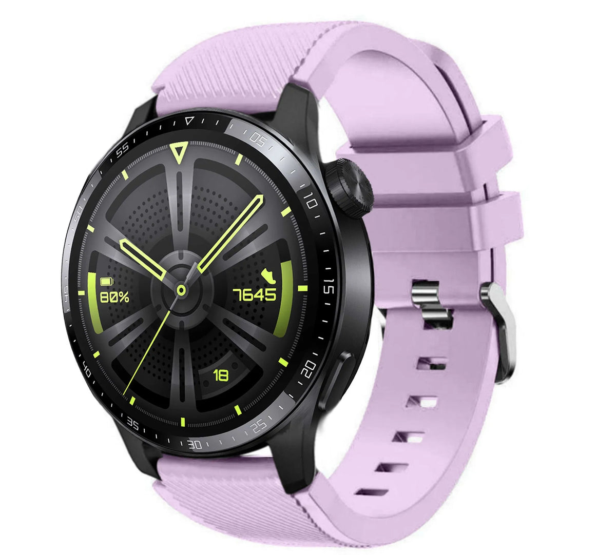 Twill Silicone Strap, lilac, on a watch, 3/4 front view
